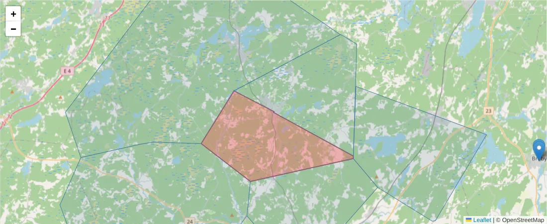 Karta över postnummerområdet  och angränsande postnummer i Sverige