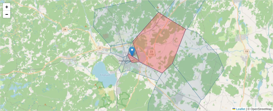 Karta över postnummerområdet  och angränsande postnummer i Sverige