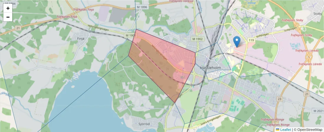 Karta över postnummerområdet  och angränsande postnummer i Sverige