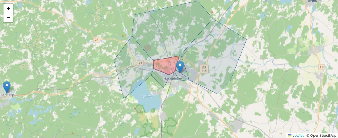 Karta över postnummerområdet  och angränsande postnummer i Sverige
