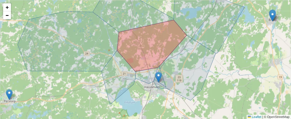 Karta över postnummerområdet  och angränsande postnummer i Sverige