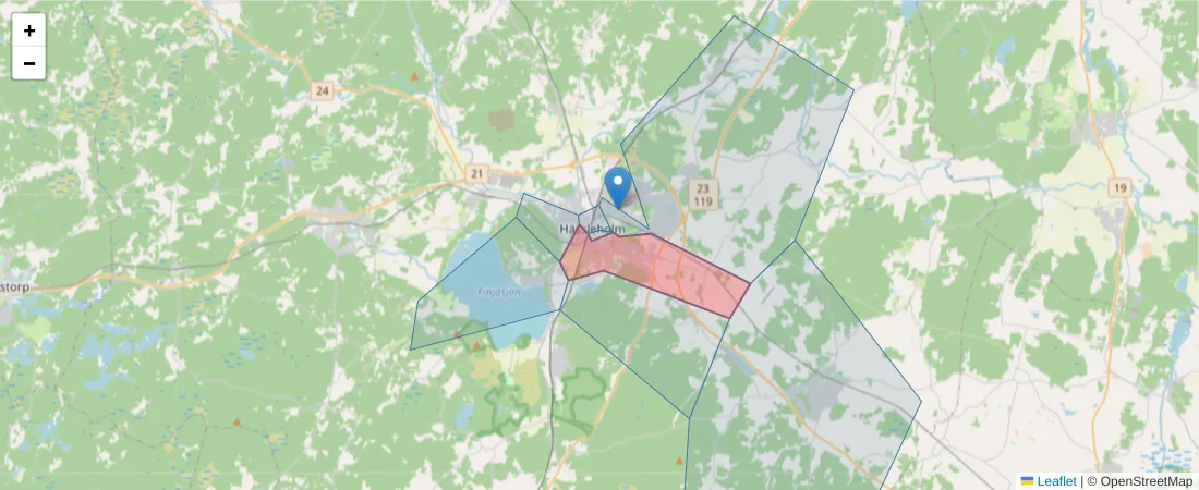 Karta över postnummerområdet  och angränsande postnummer i Sverige
