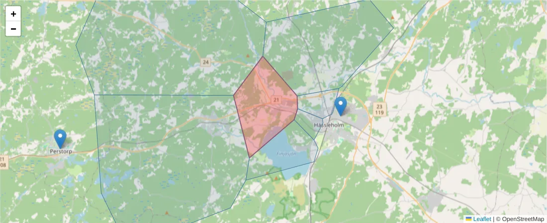 Karta över postnummerområdet  och angränsande postnummer i Sverige
