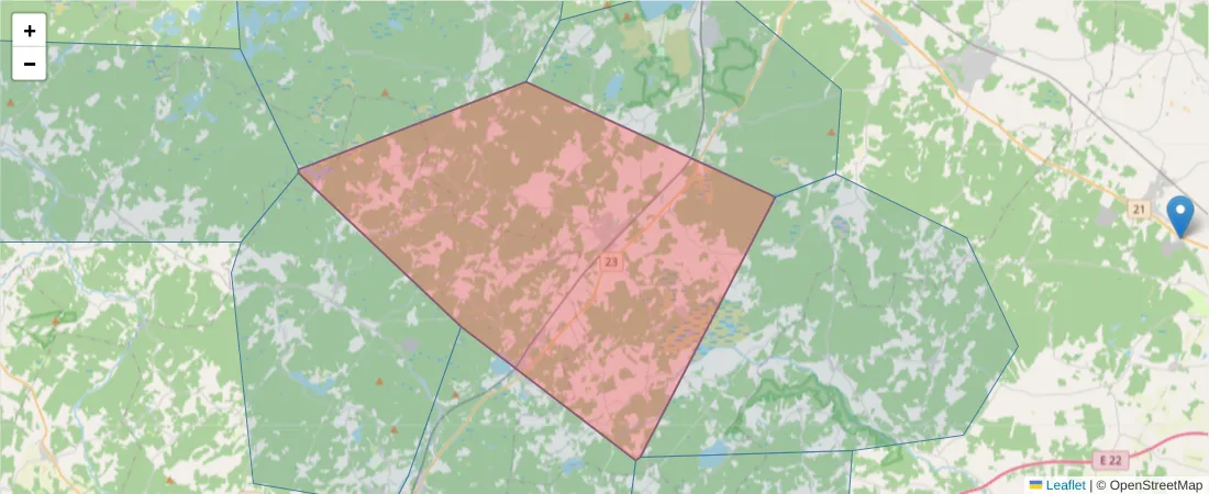 Karta över postnummerområdet  och angränsande postnummer i Sverige