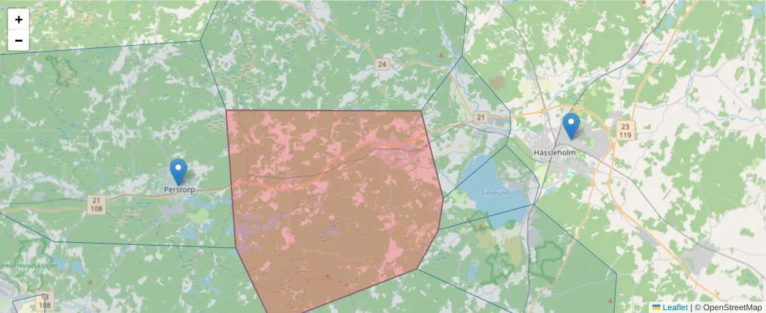 Karta över postnummerområdet  och angränsande postnummer i Sverige