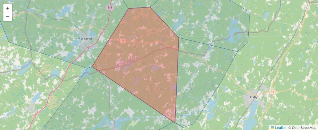 Karta över postnummerområdet  och angränsande postnummer i Sverige