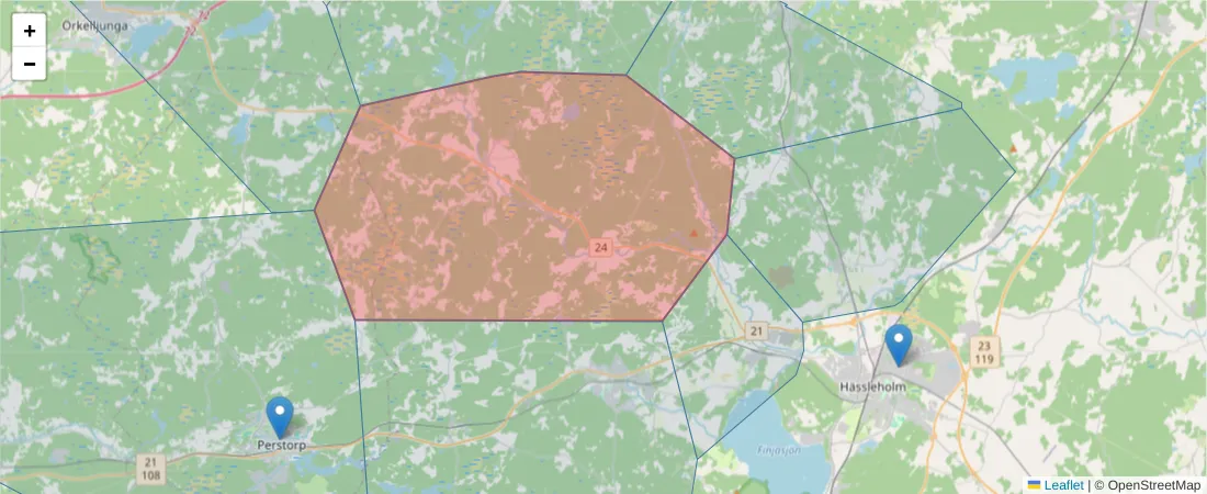 Karta över postnummerområdet  och angränsande postnummer i Sverige