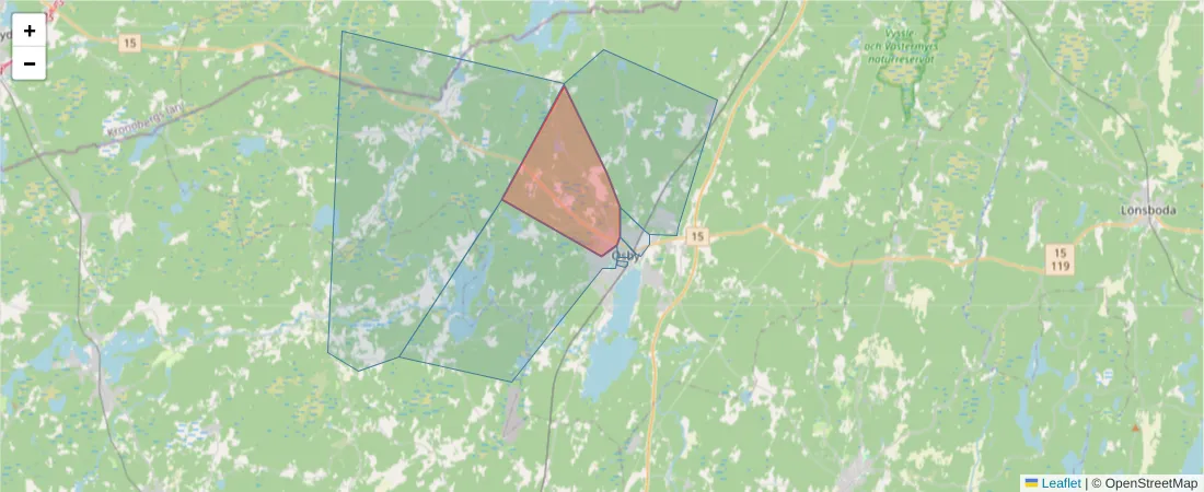Karta över postnummerområdet  och angränsande postnummer i Sverige