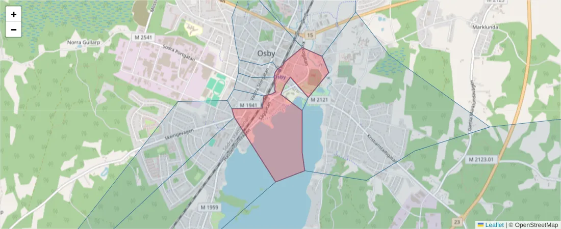 Karta över postnummerområdet  och angränsande postnummer i Sverige
