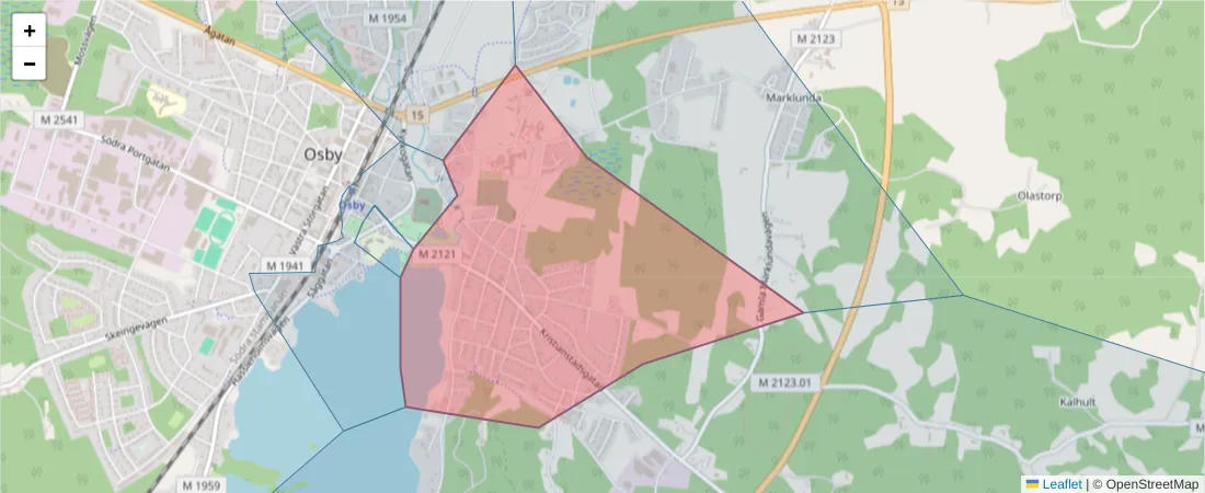 Karta över postnummerområdet  och angränsande postnummer i Sverige