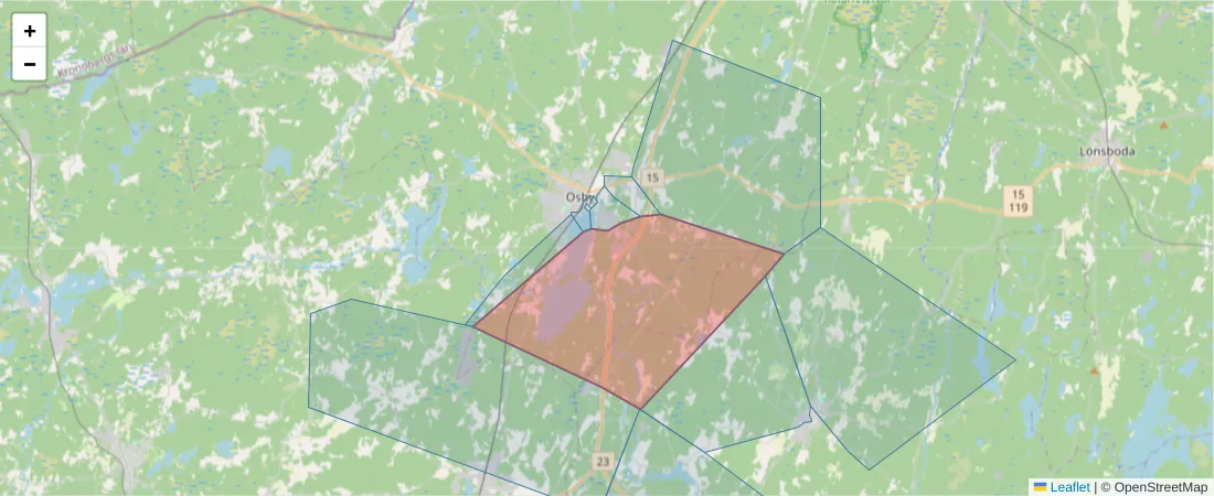 Karta över postnummerområdet  och angränsande postnummer i Sverige