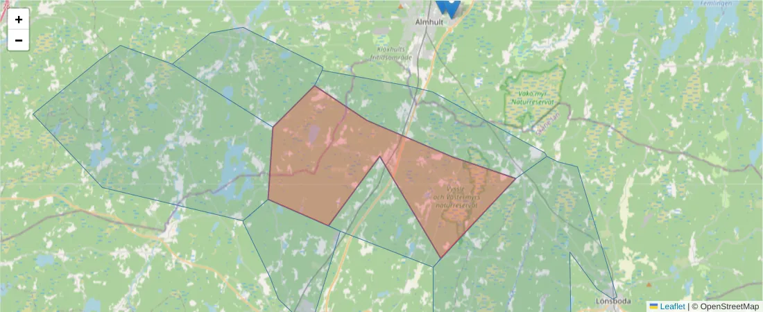 Karta över postnummerområdet  och angränsande postnummer i Sverige