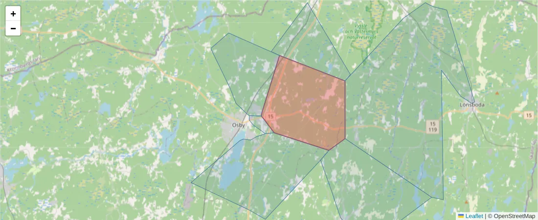 Karta över postnummerområdet  och angränsande postnummer i Sverige