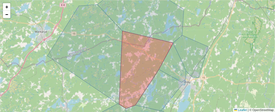 Karta över postnummerområdet  och angränsande postnummer i Sverige