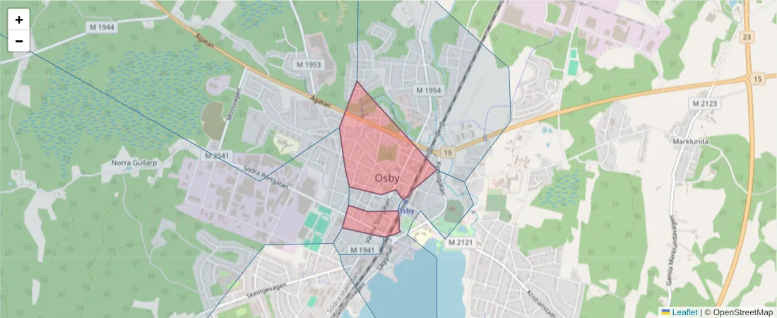 Karta över postnummerområdet  och angränsande postnummer i Sverige