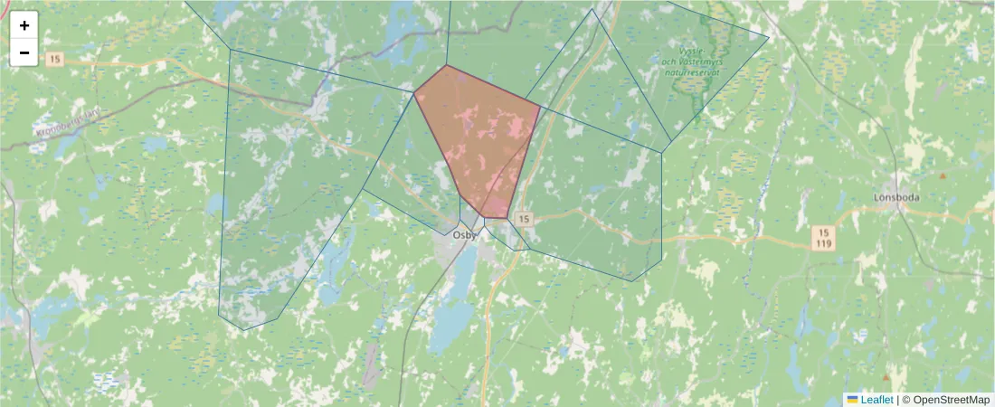 Karta över postnummerområdet  och angränsande postnummer i Sverige