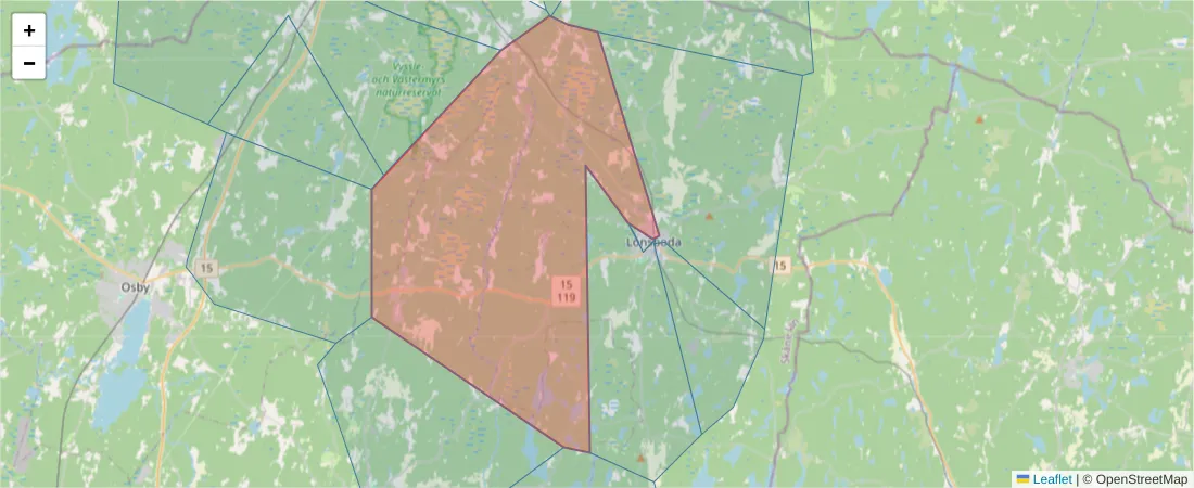 Karta över postnummerområdet  och angränsande postnummer i Sverige