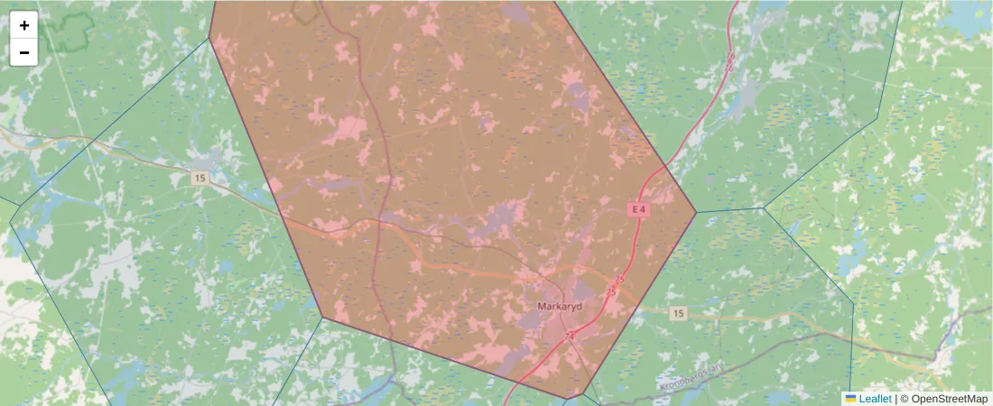 Karta över postnummerområdet  och angränsande postnummer i Sverige