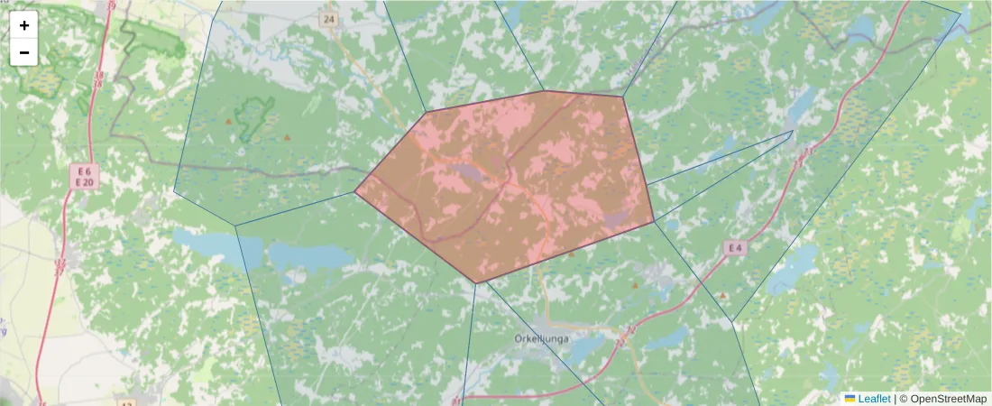 Karta över postnummerområdet  och angränsande postnummer i Sverige