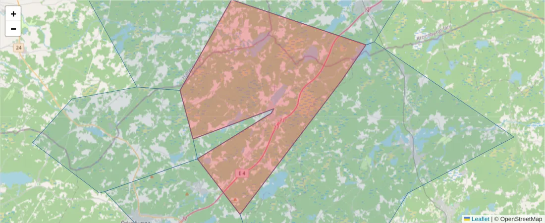 Karta över postnummerområdet  och angränsande postnummer i Sverige