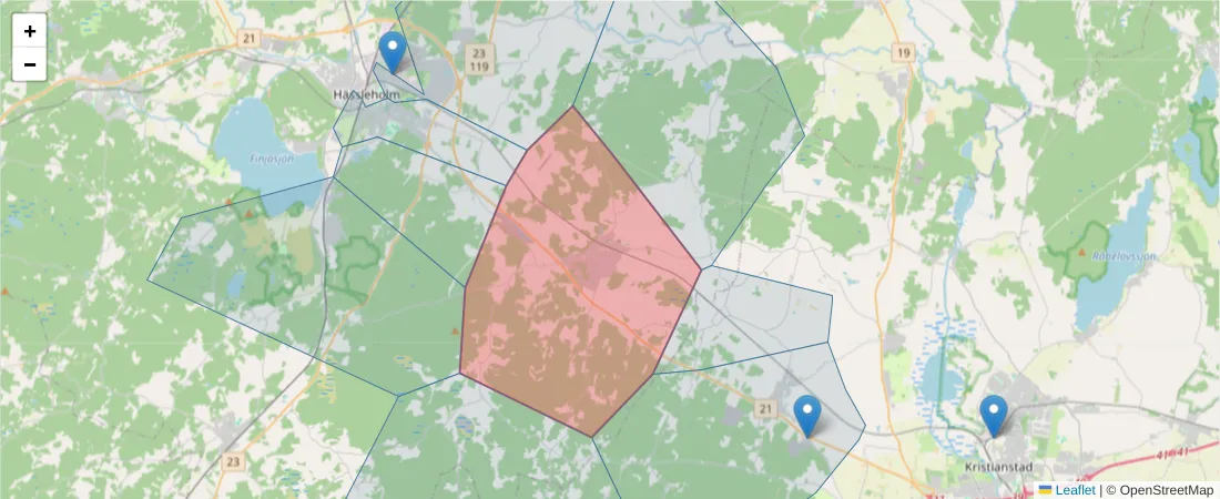 Karta över postnummerområdet  och angränsande postnummer i Sverige