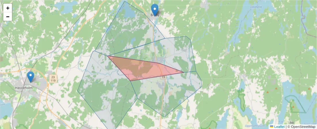 Karta över postnummerområdet  och angränsande postnummer i Sverige
