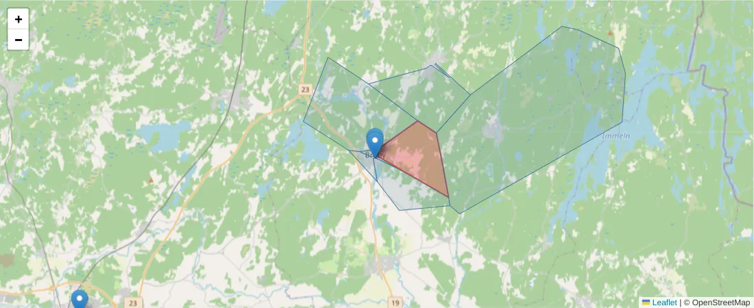 Karta över postnummerområdet  och angränsande postnummer i Sverige