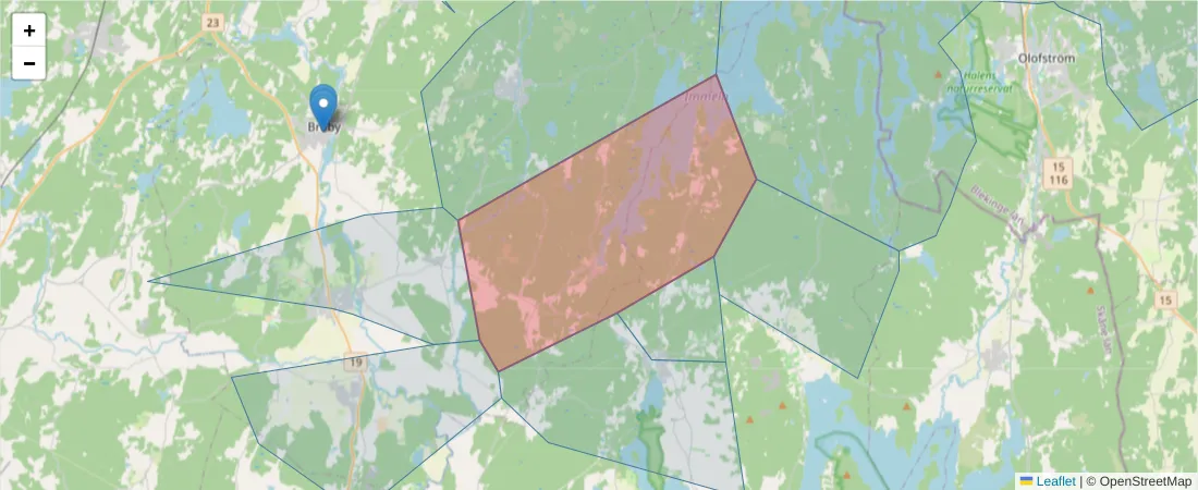 Karta över postnummerområdet  och angränsande postnummer i Sverige