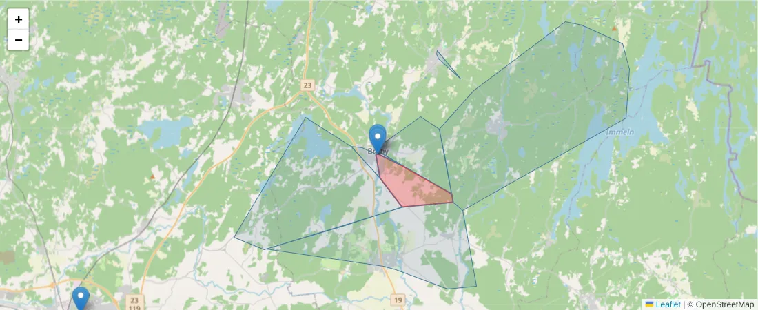 Karta över postnummerområdet  och angränsande postnummer i Sverige