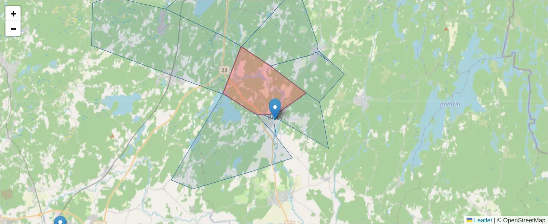 Karta över postnummerområdet  och angränsande postnummer i Sverige