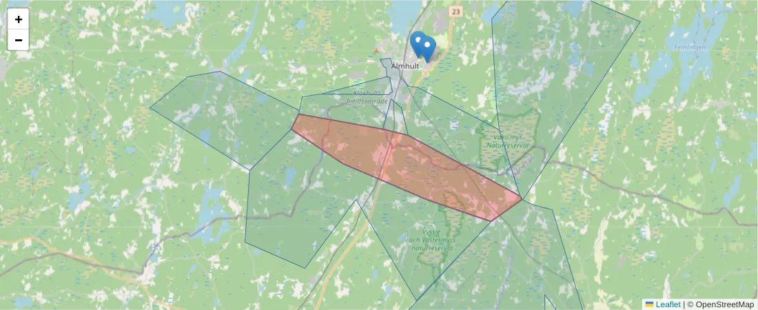 Karta över postnummerområdet  och angränsande postnummer i Sverige