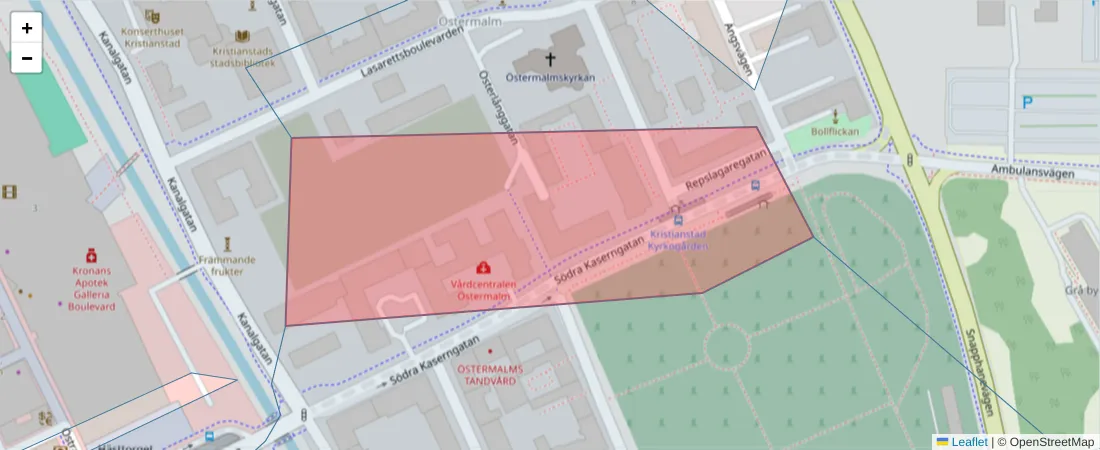 Karta över postnummerområdet  och angränsande postnummer i Sverige