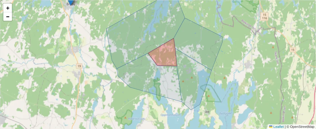 Karta över postnummerområdet  och angränsande postnummer i Sverige