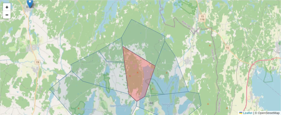 Karta över postnummerområdet  och angränsande postnummer i Sverige