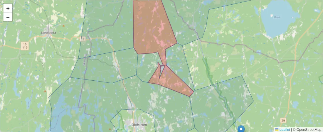 Karta över postnummerområdet  och angränsande postnummer i Sverige