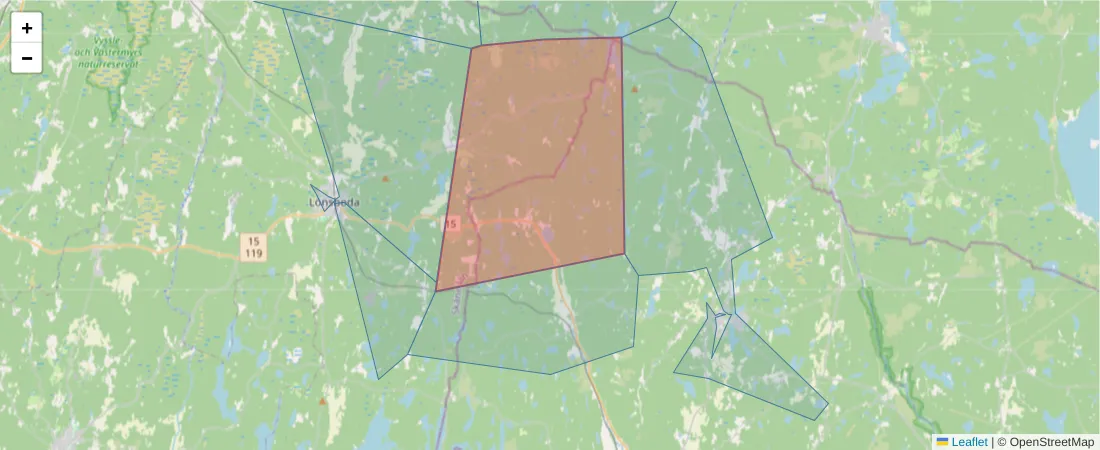 Karta över postnummerområdet  och angränsande postnummer i Sverige