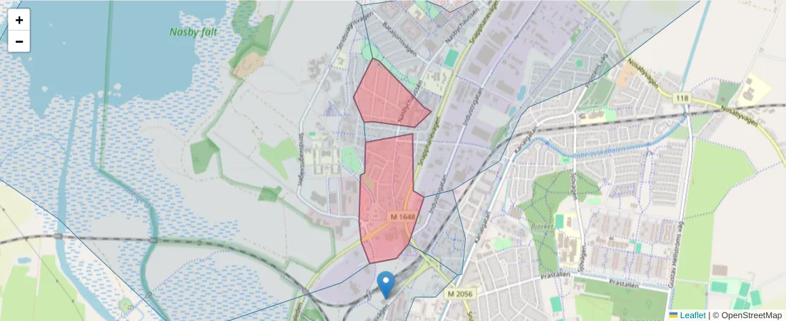 Karta över postnummerområdet  och angränsande postnummer i Sverige