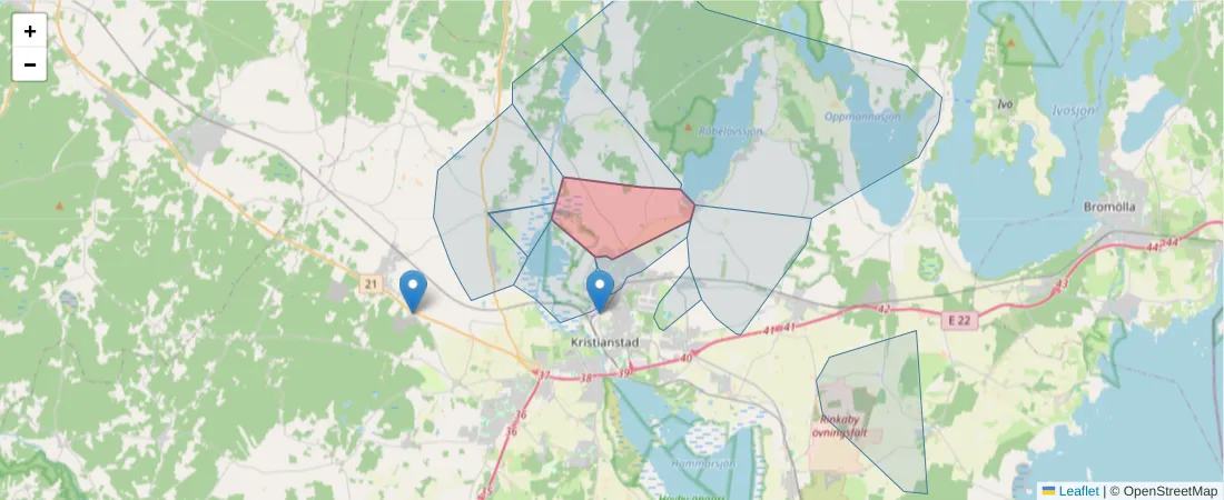 Karta över postnummerområdet  och angränsande postnummer i Sverige