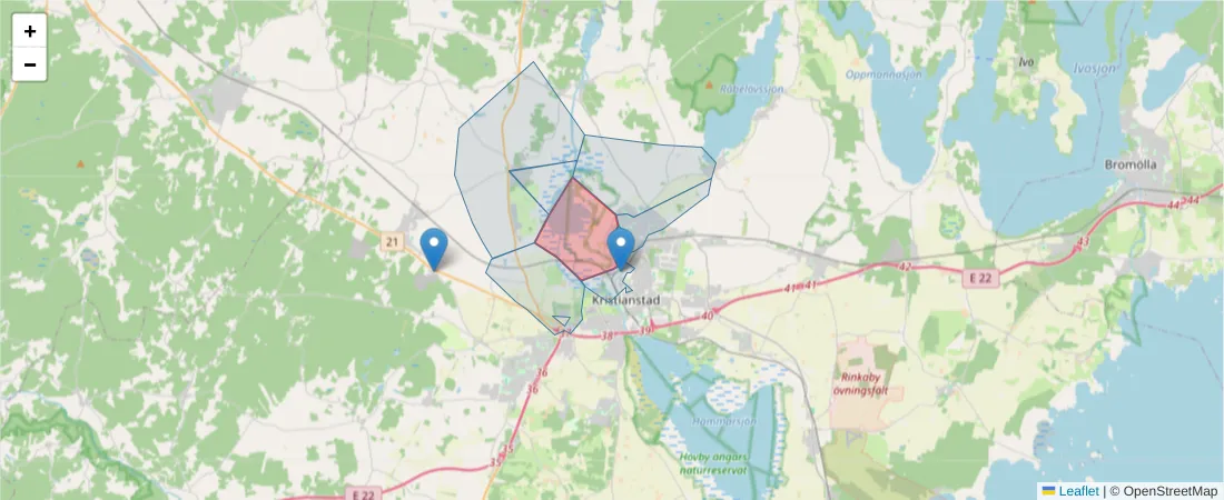Karta över postnummerområdet  och angränsande postnummer i Sverige