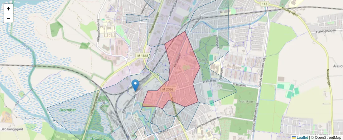 Karta över postnummerområdet  och angränsande postnummer i Sverige