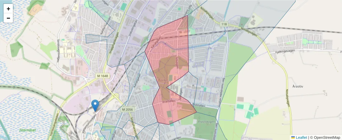 Karta över postnummerområdet  och angränsande postnummer i Sverige