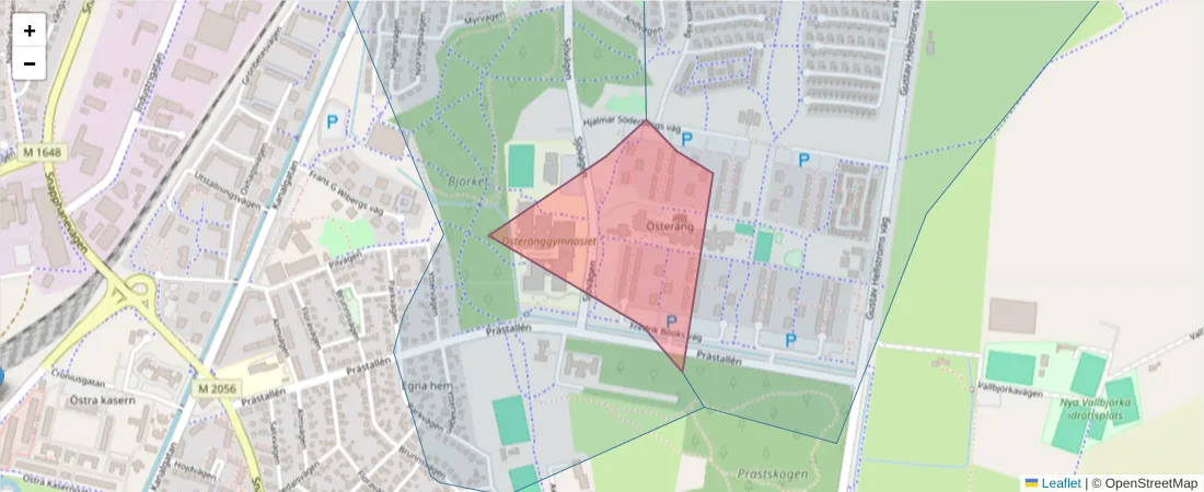 Karta över postnummerområdet  och angränsande postnummer i Sverige