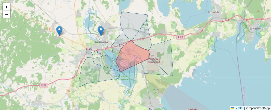 Karta över postnummerområdet  och angränsande postnummer i Sverige