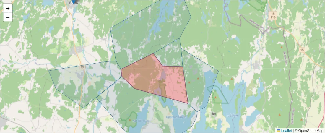 Karta över postnummerområdet  och angränsande postnummer i Sverige