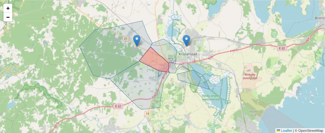 Karta över postnummerområdet  och angränsande postnummer i Sverige