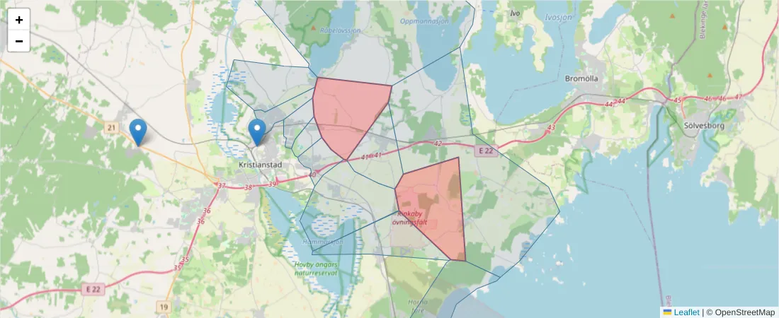 Karta över postnummerområdet  och angränsande postnummer i Sverige