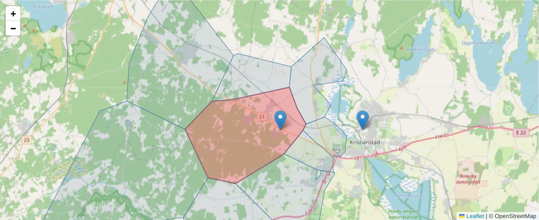 Karta över postnummerområdet  och angränsande postnummer i Sverige