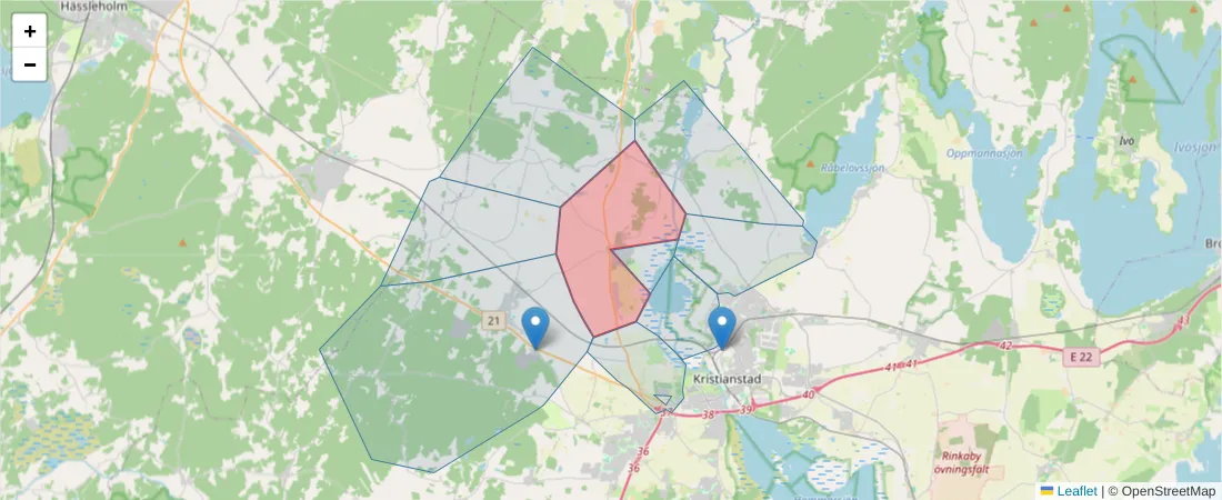 Karta över postnummerområdet  och angränsande postnummer i Sverige