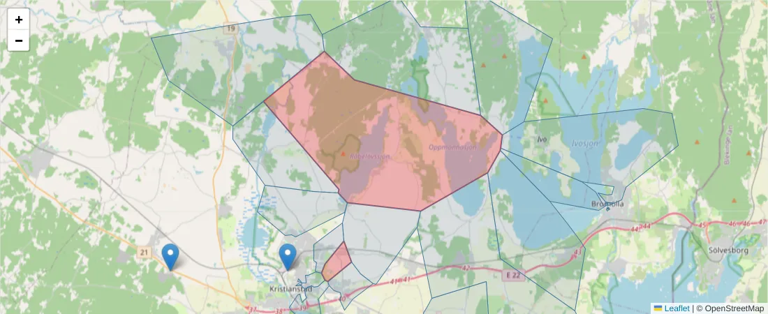Karta över postnummerområdet  och angränsande postnummer i Sverige