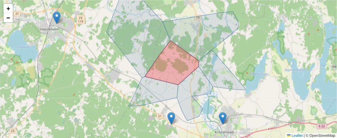 Karta över postnummerområdet  och angränsande postnummer i Sverige